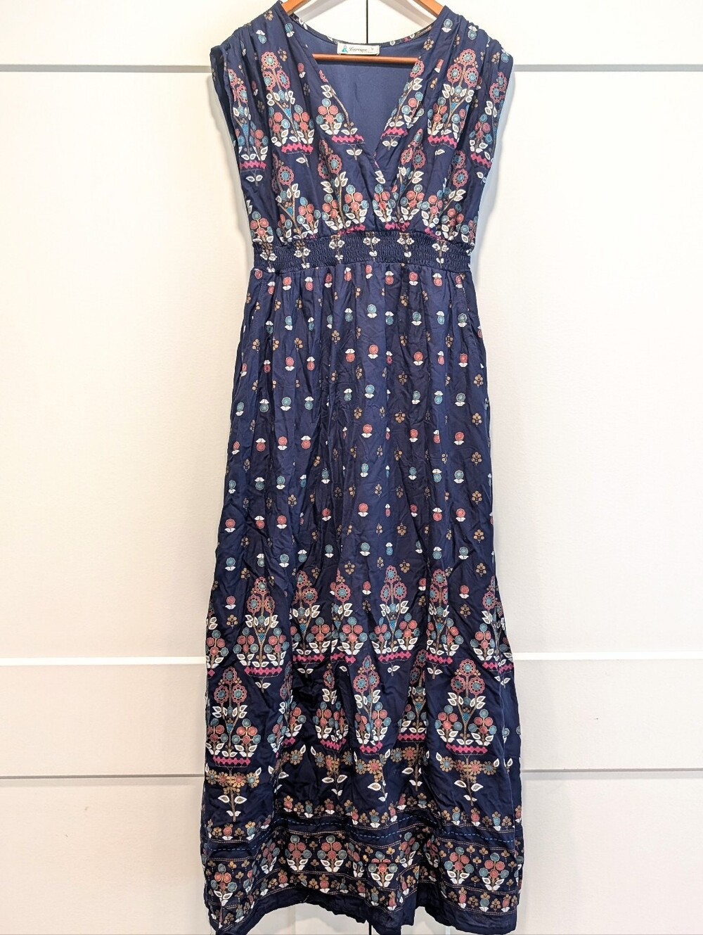 LAPOGEE Women's Sleeveless Elastic Waist Navy Floral Maxi Dress Size Small